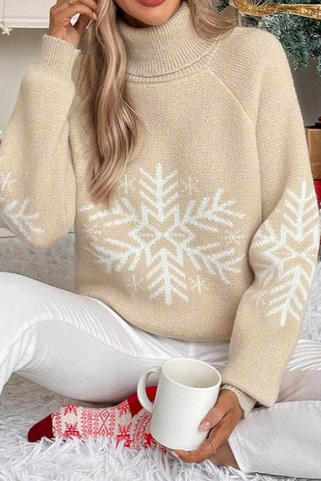 Solid Color Turtleneck Snowflake Print Sweater