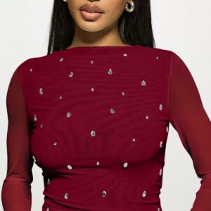 Double Layer Tulle Rhinestone Chic Long Sleeve Tee