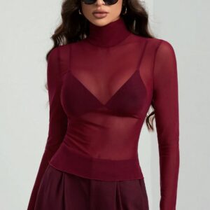 Stand Collar Solid Mesh Slim Fit Long Sleeve Tee