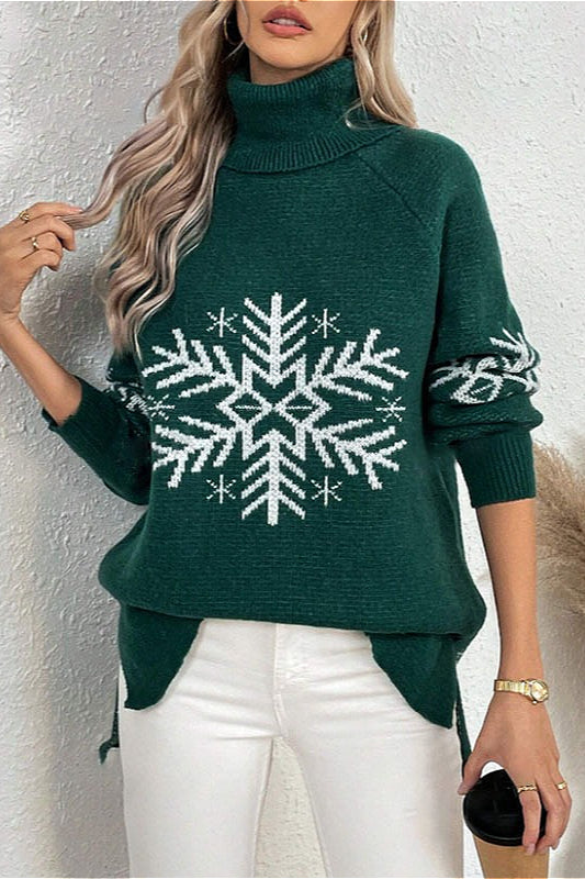 Solid Color Turtleneck Snowflake Print Sweater