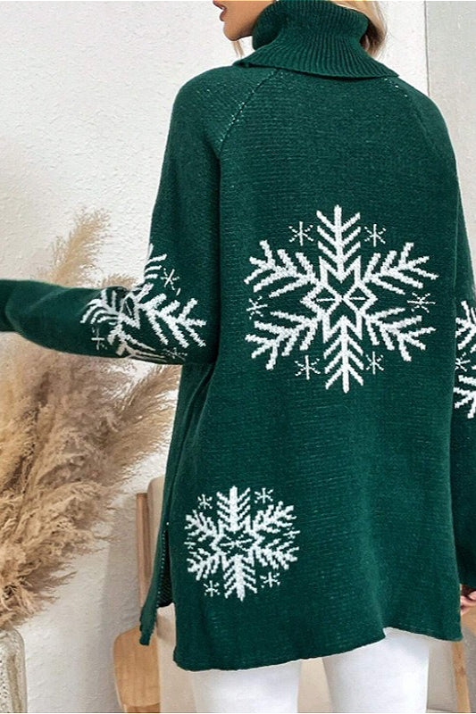 Solid Color Turtleneck Snowflake Print Sweater